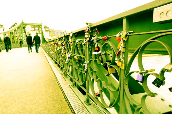 Pedestrian bridge with love locks in Frankfurt, Germany